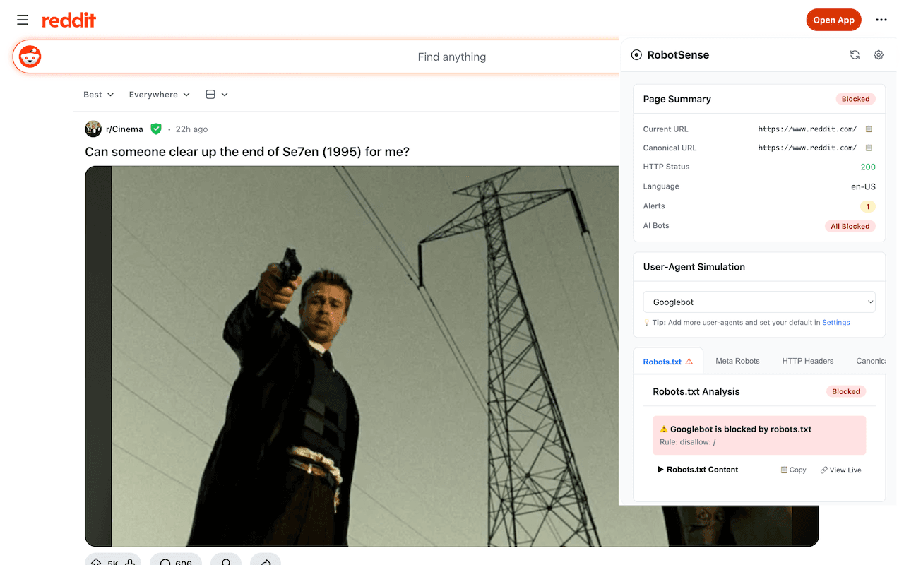 RobotSense extension showing blocked crawlers on Reddit
