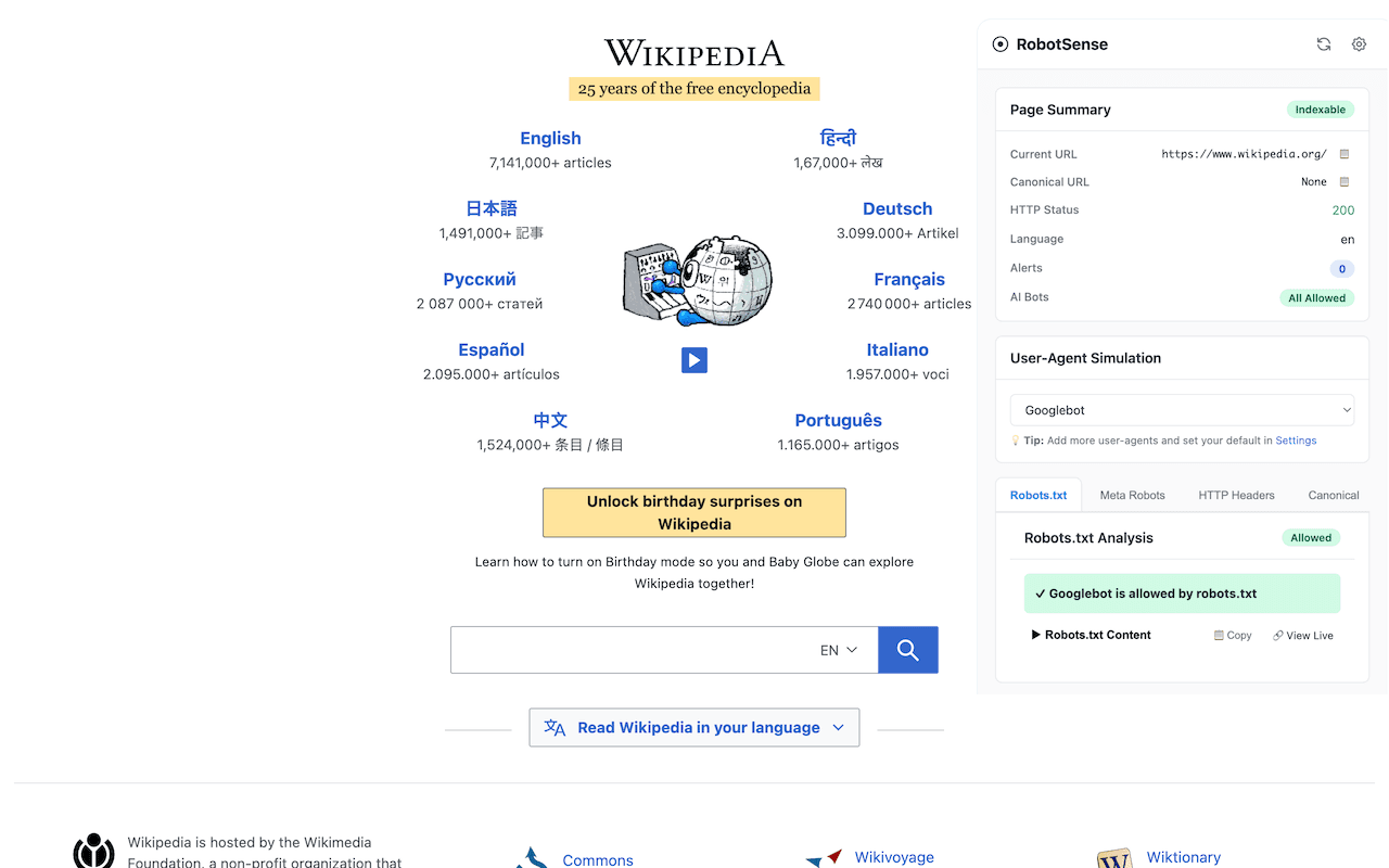 RobotSense extension showing allowed crawlers on Wikipedia